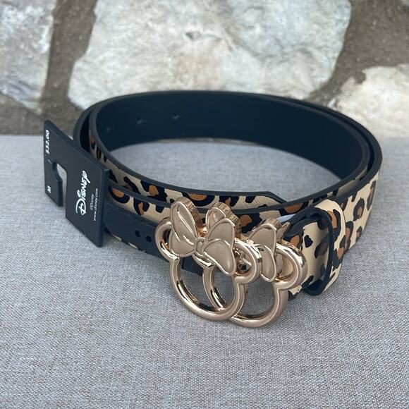 Disney brown & black animal print belt Gold Minnie Mouse buckle size medium NEW - Picture 1 of 6